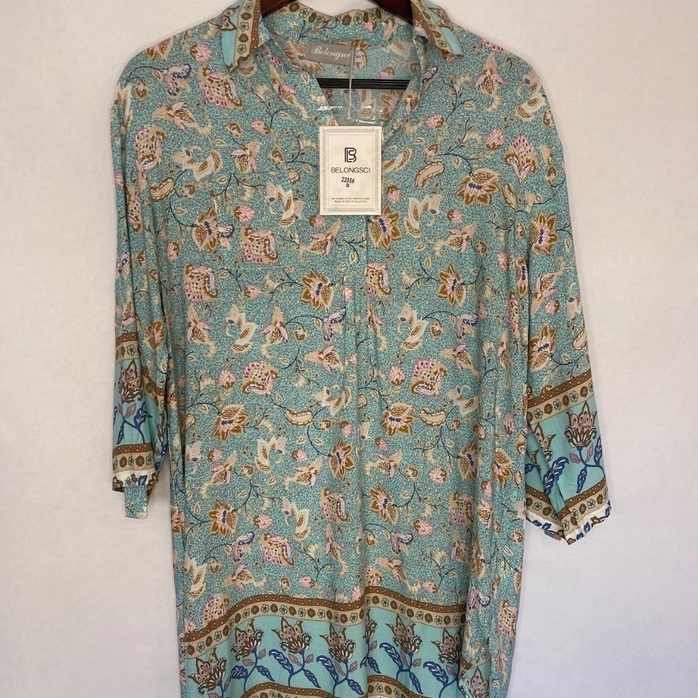 NWT Belongsci Paisley Floral Collared V-Neck Shirt Dress Mini High-Low Small NEW